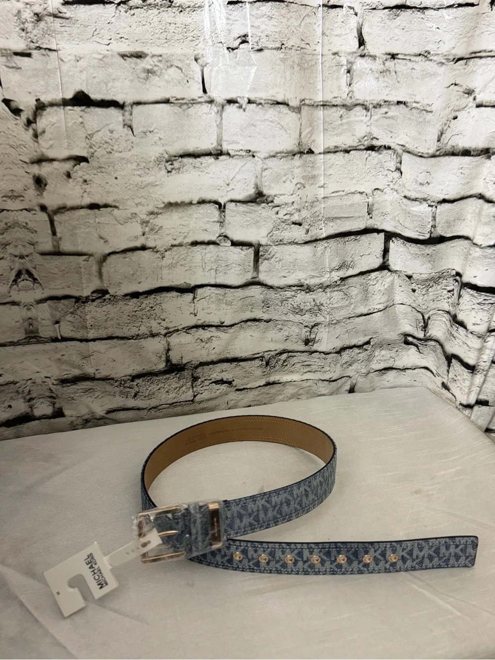 Michael Kors Men's Denim Blue MK Logo Belt with Gold Hardware M 40”